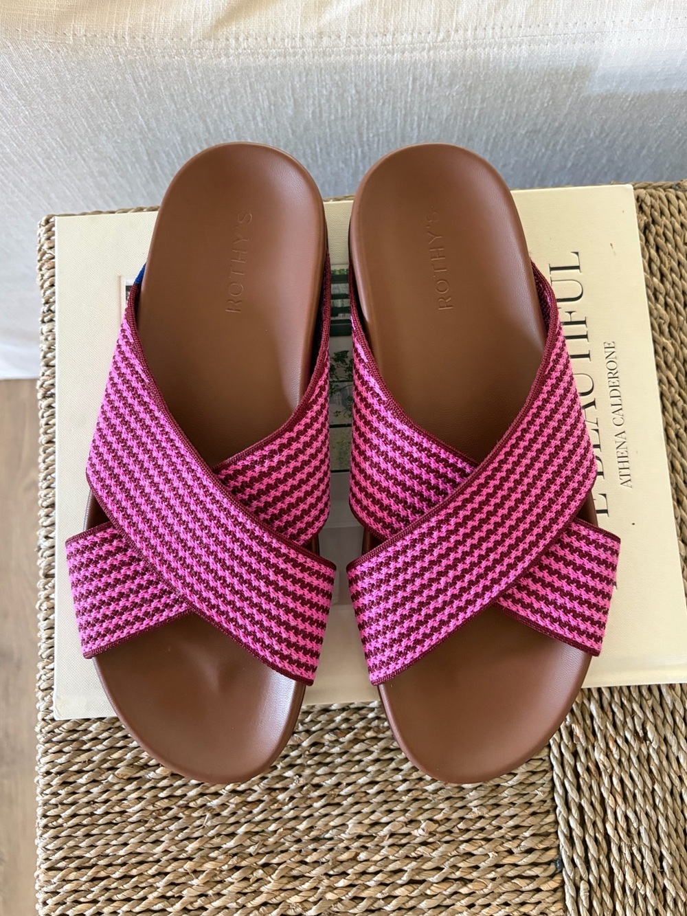 Rothy's The Weekend Slide Hemp Blend Sangria Stripe, Size 10